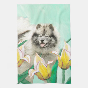Keeshond in Tulips Painting Cute Original Dog Art Kitchen Towel