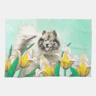 Keeshond in Tulips Painting Cute Original Dog Art Kitchen Towel