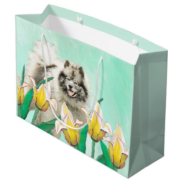 Keeshond in Tulips Painting Cute Original Dog Art Large Gift Bag (Back Angled)