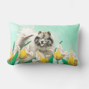 Keeshond in Tulips Painting Cute Original Dog Art Lumbar Pillow