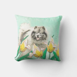 Keeshond in Tulips Painting Cute Original Dog Art Outdoor Pillow