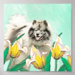 Keeshond in Tulips Painting Cute Original Dog Art Poster
