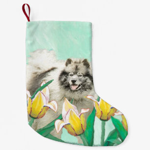 Keeshond in Tulips Painting Cute Original Dog Art Small Christmas Stocking