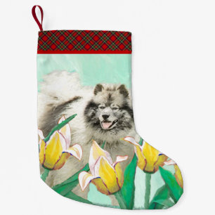 Keeshond in Tulips Painting Cute Original Dog Art Small Christmas Stocking