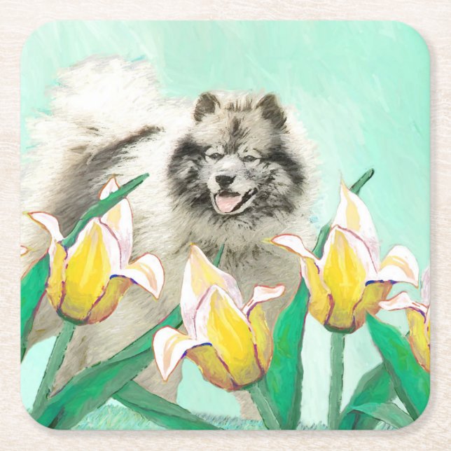 Keeshond in Tulips Painting Cute Original Dog Art Square Paper Coaster (Front)
