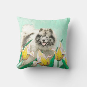 Keeshond in Tulips Painting Cute Original Dog Art Throw Pillow