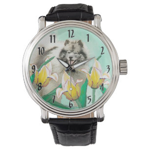 Keeshond in Tulips Painting Cute Original Dog Art Watch
