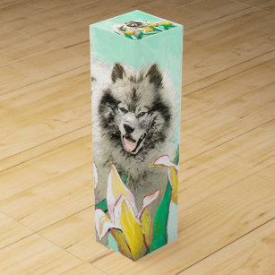 Keeshond in Tulips Painting Cute Original Dog Art Wine Box