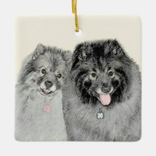 Keeshond Mom and Son Painting - Original Dog Art Ceramic Ornament