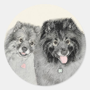 Keeshond Mom and Son Painting - Original Dog Art Classic Round Sticker