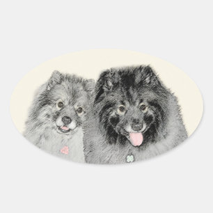 Keeshond Mom and Son Painting - Original Dog Art Oval Sticker