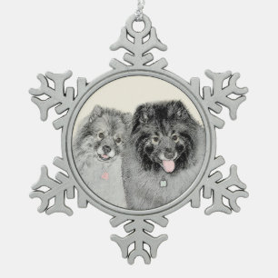 Keeshond Mom and Son Painting - Original Dog Art Snowflake Pewter Christmas Ornament