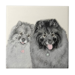 Keeshond Mom and Son Painting - Original Dog Art Tile