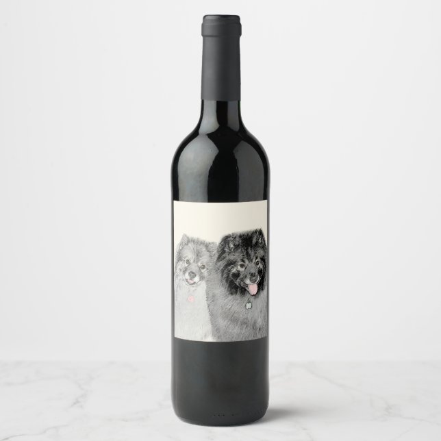 Keeshond Mom and Son Painting - Original Dog Art Wine Label (Front)