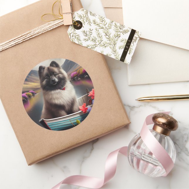 Keeshond on a Paddle: A Scenic Adventure Classic Round Sticker (Gifting)