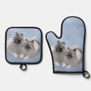 Keeshond Painting 2 Keeshonden Original Dog Art Oven Mitt & Pot Holder Set