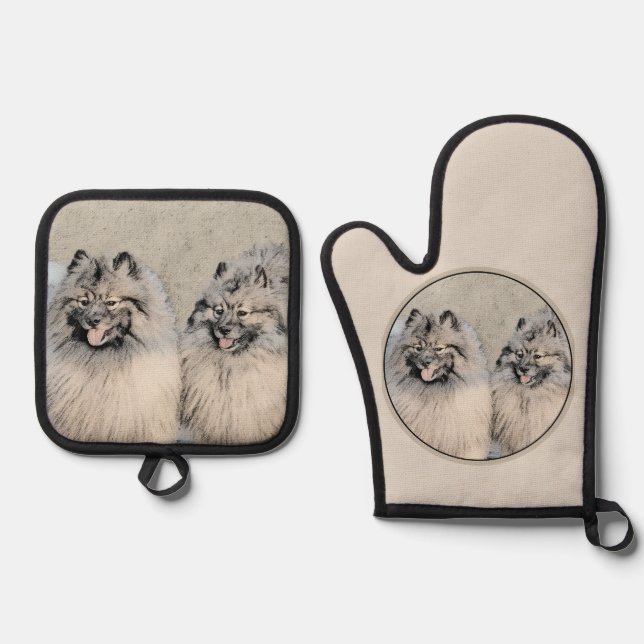 Keeshond Painting 2 Keeshonden Original Dog Art Oven Mitt & Pot Holder Set (Front)