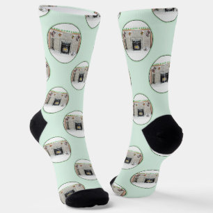 Keeshond Painting Christmas Puppy by Fireplace Art Socks