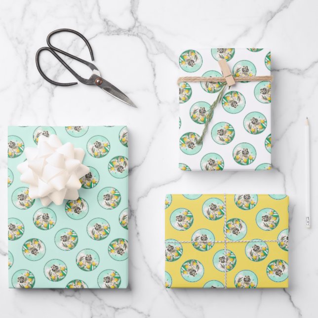 Keeshond Painting in Tulips Cute Original Dog Art Wrapping Paper Sheet (Front)