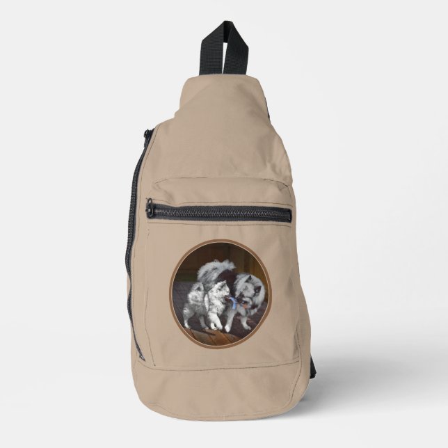 Keeshond Painting Playtime Cute Original Dog Art Sling Bag (Front)