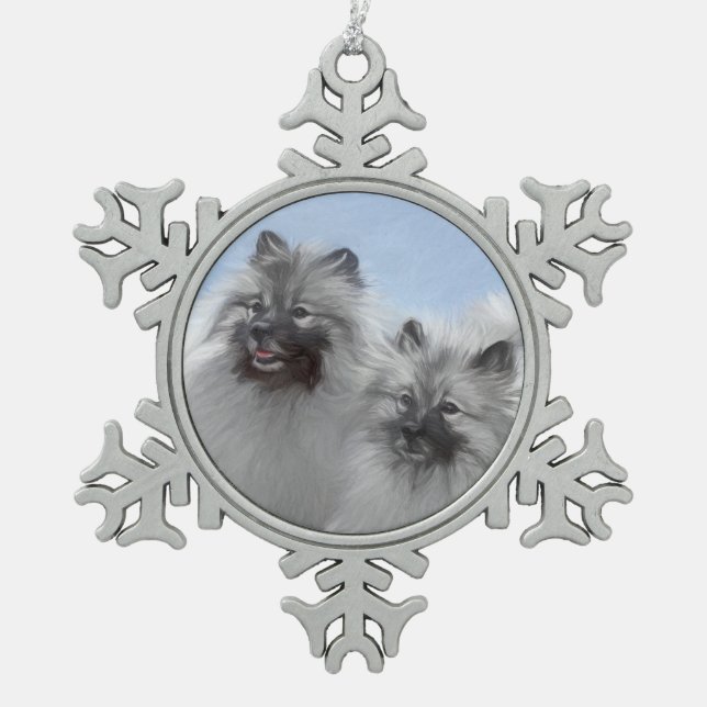 Keeshond Pair of Kees Painting Original Animal Art Snowflake Pewter Christmas Ornament (Front)