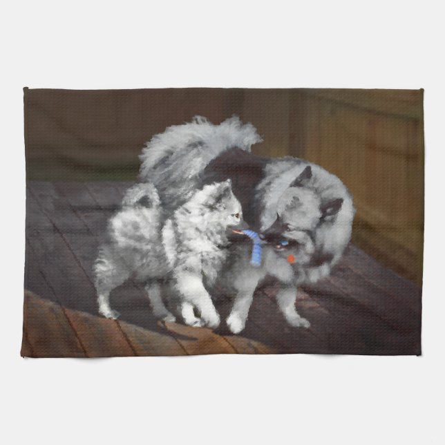 Keeshond Playtime Painting - Cute Original Dog Art Kitchen Towel (Horizontal)