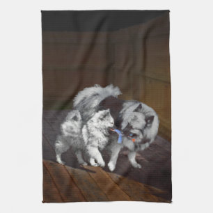 Keeshond Playtime Painting - Cute Original Dog Art Kitchen Towel