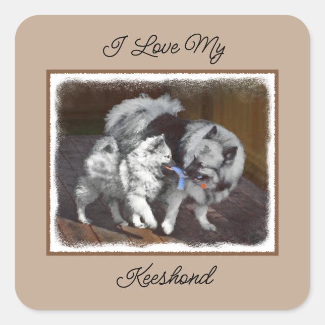 Keeshond Playtime Painting - Cute Original Dog Art Square Sticker (Front)