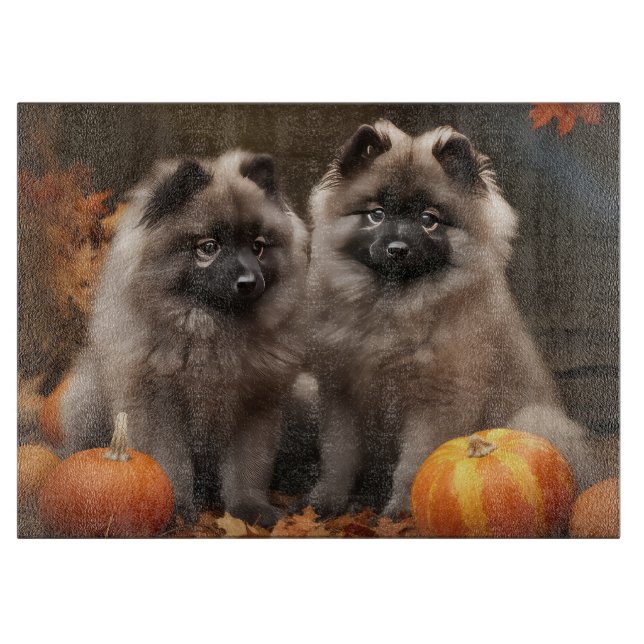 Keeshond Puppy Autumn Delight Pumpkin Cutting Board (Front)