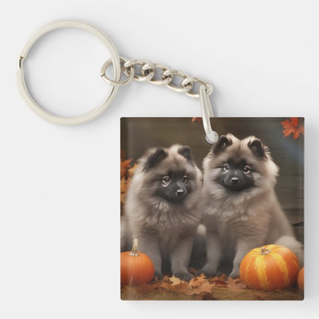 Keeshond Puppy Autumn Delight Pumpkin Keychain (Front)