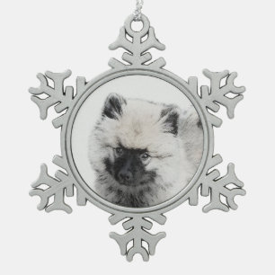 Keeshond Puppy Drawing - Cute Original Dog Art Snowflake Pewter Christmas Ornament