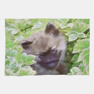 Keeshond Puppy in the Garden Painting Original Art Kitchen Towel