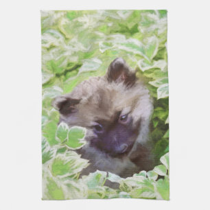 Keeshond Puppy in the Garden Painting Original Art Kitchen Towel