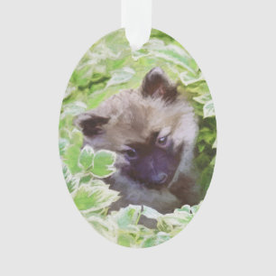 Keeshond Puppy in the Garden Painting Original Art Ornament