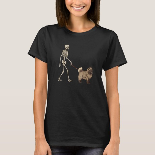 Keeshond Skeleton Dog Walking Halloween Dog T-Shirt (Front)