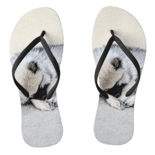 Keeshond Sleeping Puppy Painting Original Dog Art Flip Flops