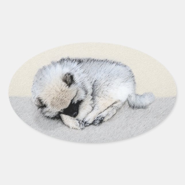 Keeshond Sleeping Puppy Painting Original Dog Art Oval Sticker (Front)