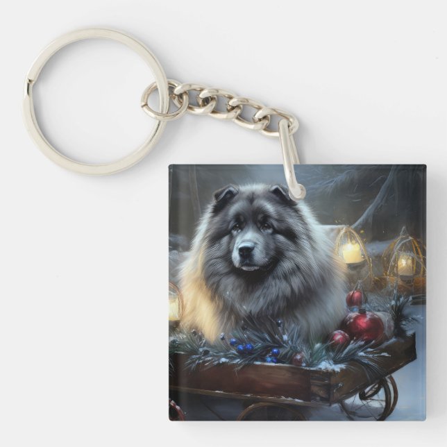 Keeshond Snowy Sleigh Christmas Decor Keychain (Front)