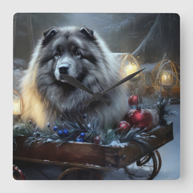 Keeshond Snowy Sleigh Christmas Decor Square Wall Clock (Front)