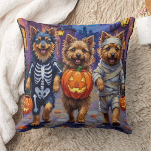 Keeshond Trick-or-Treating in Halloween Costumes Throw Pillow