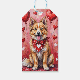 Keeshond Valentine Dog Sitting with Hearts Red Gift Tags