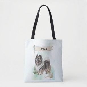 Keeshond Watercolor Personalized Dog Tote Bag