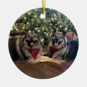 Keeshond with Christmas Tree Ceramic Ornament