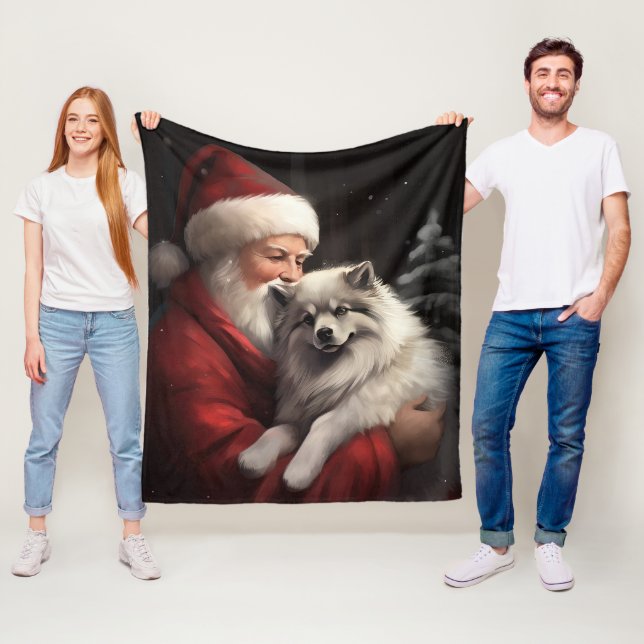 Keeshond With Santa Claus Festive Christmas Fleece Blanket (In Situ)