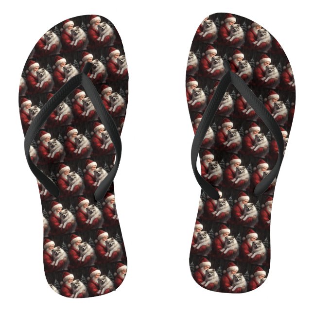 Keeshond With Santa Claus Festive Christmas Flip Flops (Footbed)