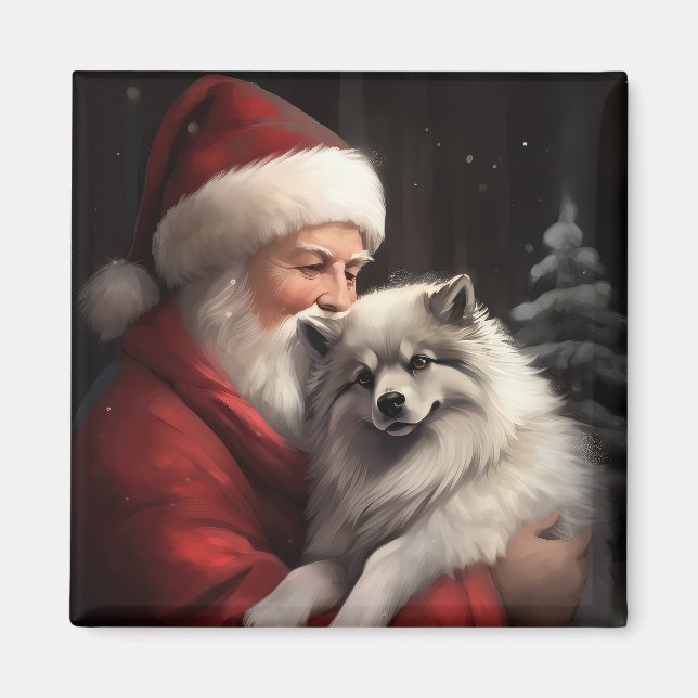 Keeshond With Santa Claus Festive Christmas Magnet (Front)