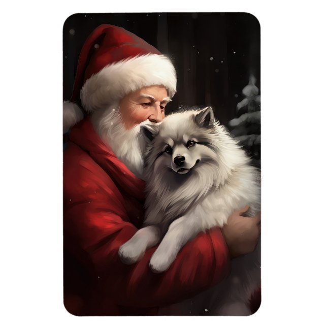Keeshond With Santa Claus Festive Christmas Magnet (Vertical)
