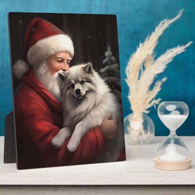 Keeshond With Santa Claus Festive Christmas Plaque (Side)