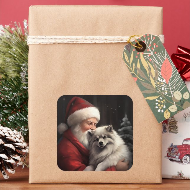Keeshond With Santa Claus Festive Christmas Square Sticker (Holiday)