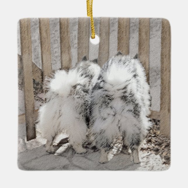 Keeshonds at the Gate Painting - Original Dog Art Ceramic Ornament (Front)